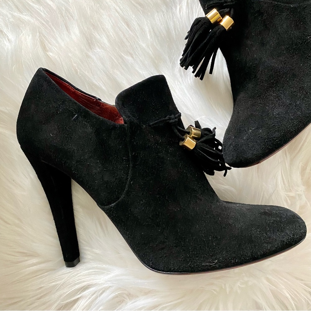 NEW!!! GUCCI Black Booties Suede tassel fringe & Gold embellished zipper boots